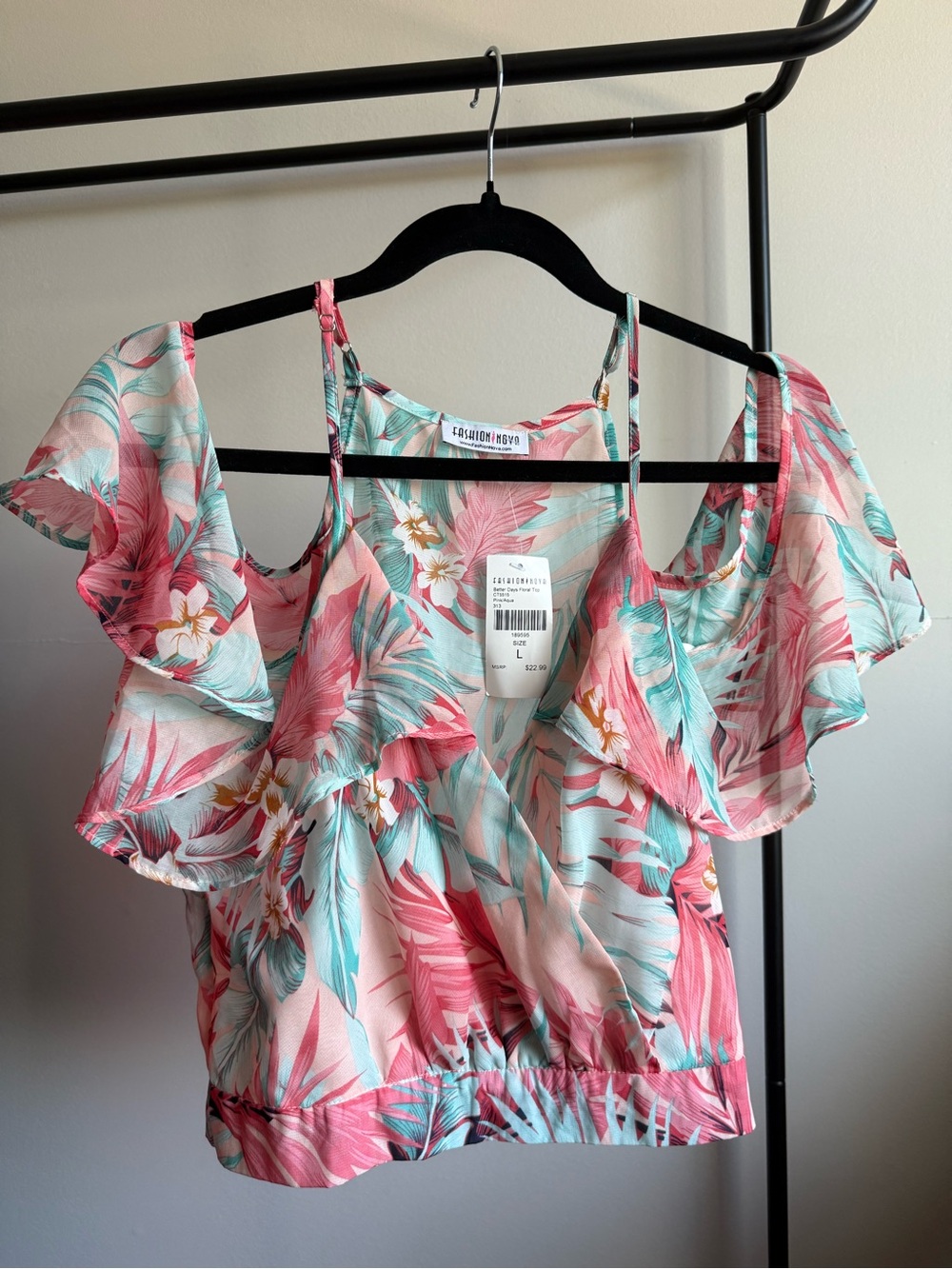 Fashion Nova Pink & Teal Tropical Ruffle Crop Top